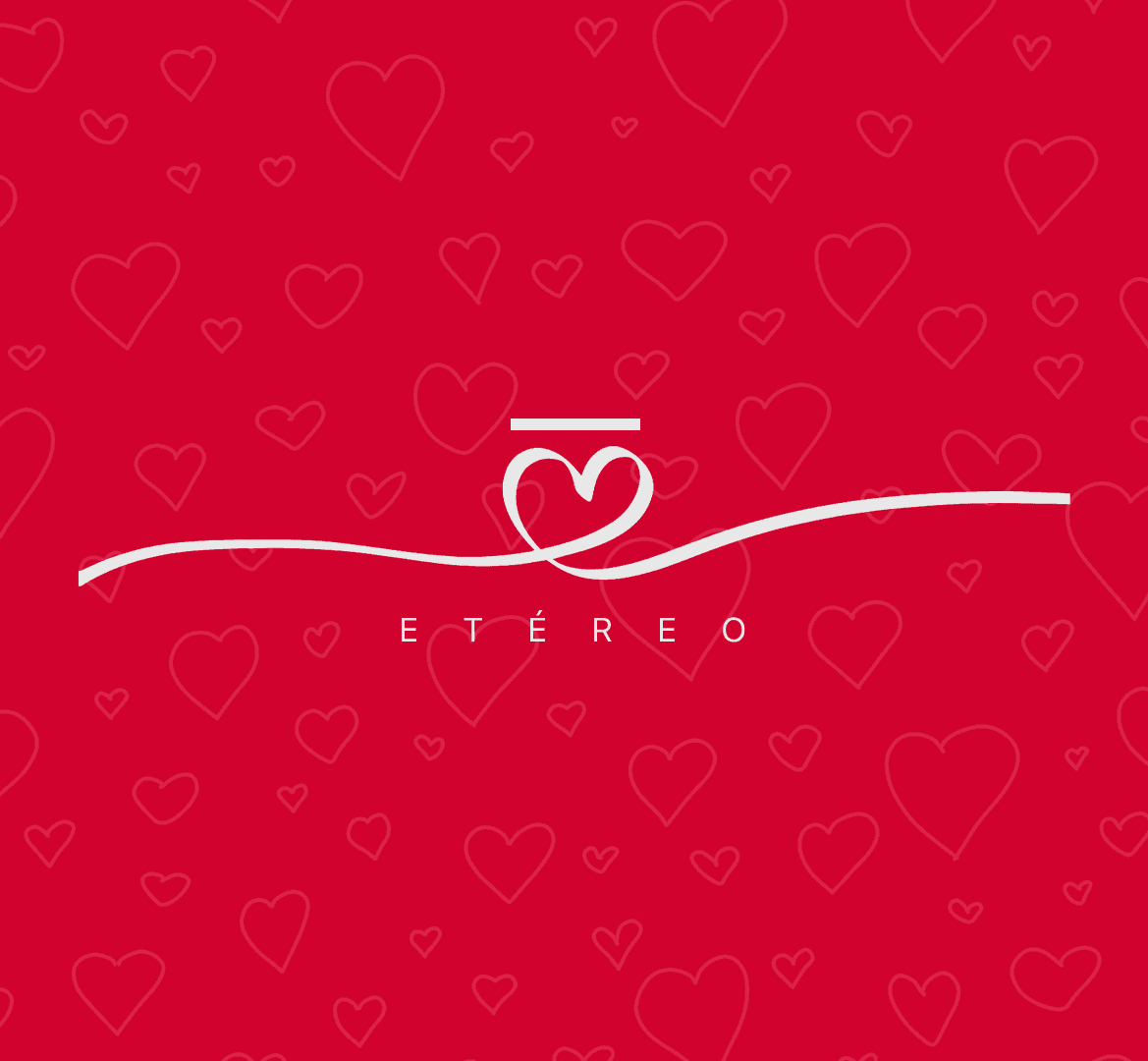 Cartel rojo de San Valentín con corazones y el logotipo de Etéreo